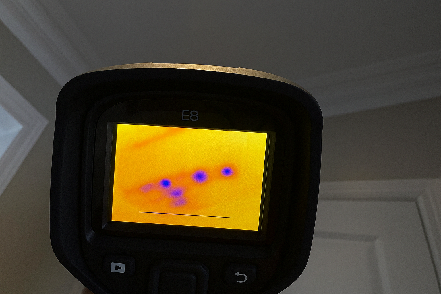 Thermal imaging camera detecting ceiling moisture during a professional water damage inspection by 247-365 Restoration in Toronto GTA