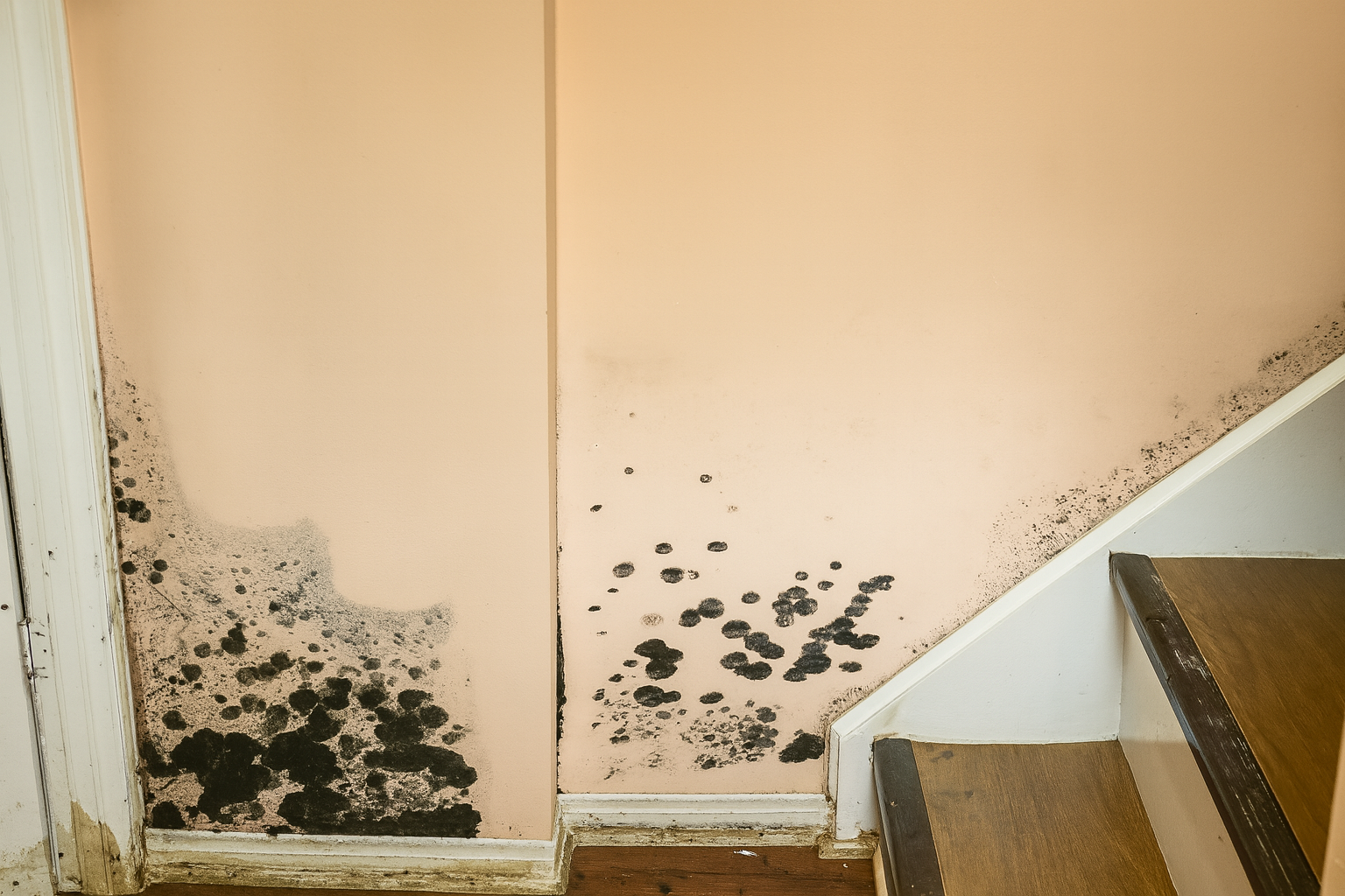 Black mould growth on interior wall near staircase before professional removal by 247-365 Restoration in Toronto GTA