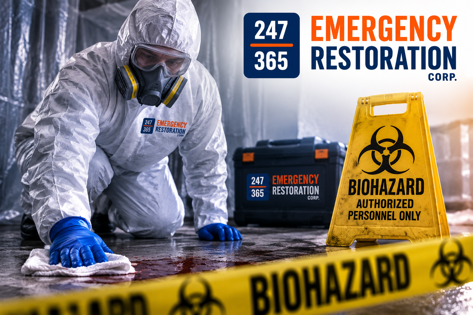 biohazard Jul 5, 2026, 02_38_44 PM A restoration technician wearing a full white hazmat suit, respirator, goggles, and blue gloves cleans a contaminated floor inside a biohazard scene.