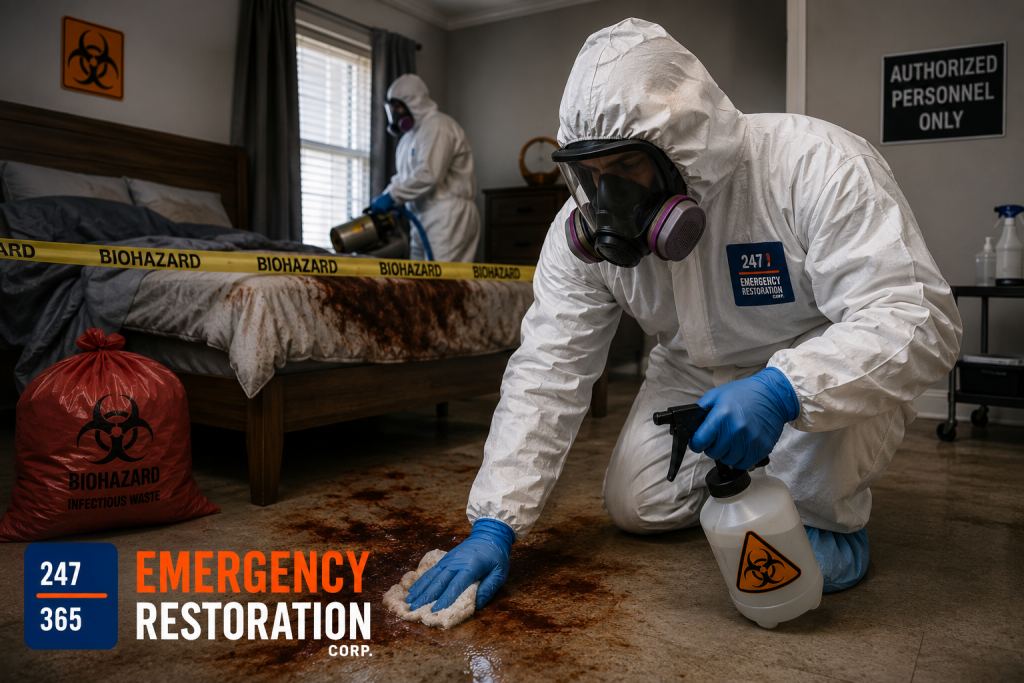 After death biohazard cleanup by 247 Emergency Restoration Corp. using certified technicians in full PPE to safely disinfect a residential property.