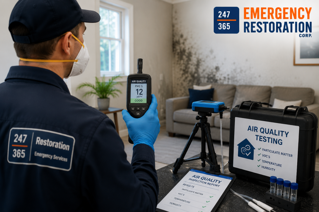 Professional indoor air quality testing in a residential home using advanced equipment to detect airborne contaminants and mold spores.