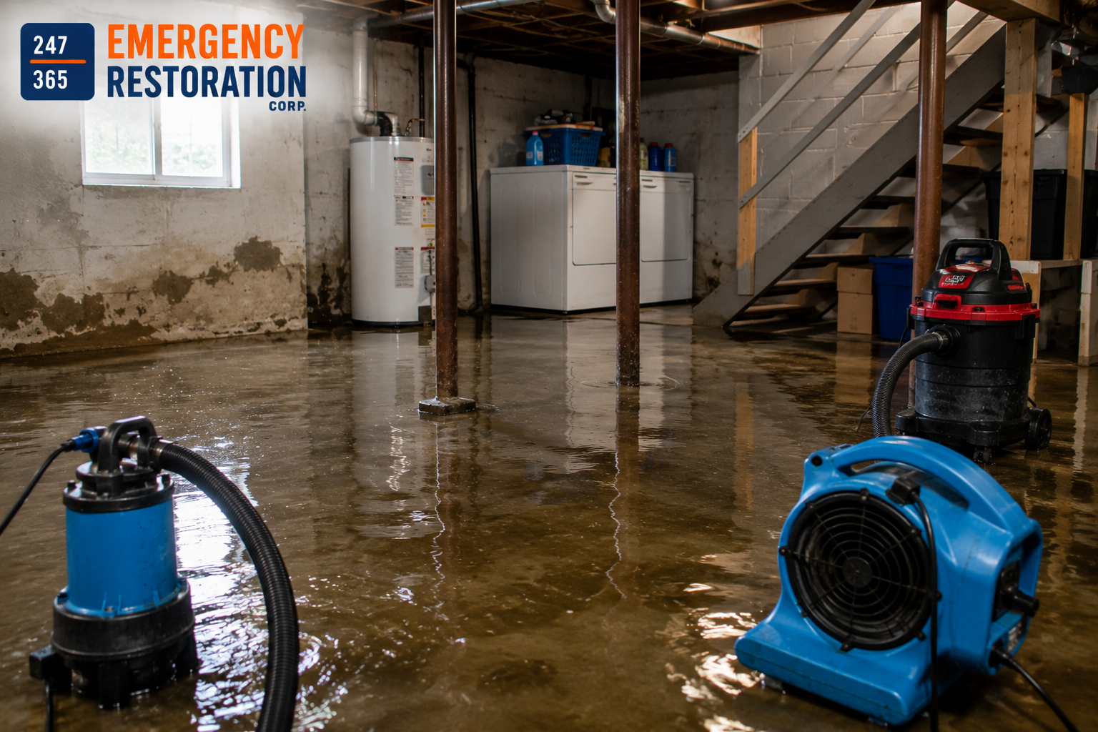 Flooded residential basement with standing water and professional water damage restoration equipment during emergency cleanup.