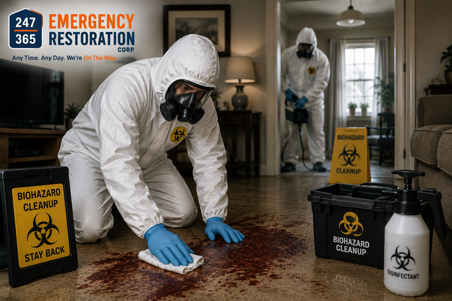Professional after-death biohazard cleaning technicians disinfecting and decontaminating a residential property using specialized protective equipment.