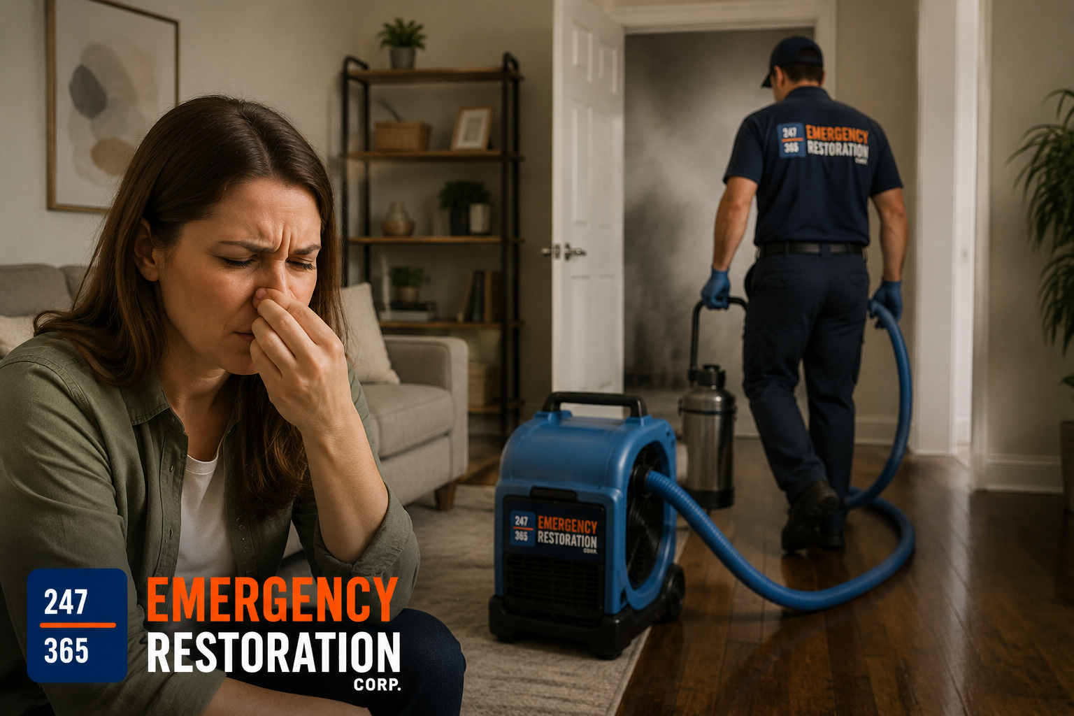 Persistent odour removal services by 247 Emergency Restoration Corp. using professional deodorization equipment in a residential home.