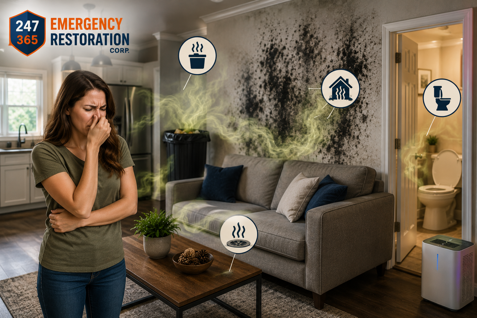 Homeowner experiencing persistent odours caused by mold, sewage, and hidden moisture inside a residential property.