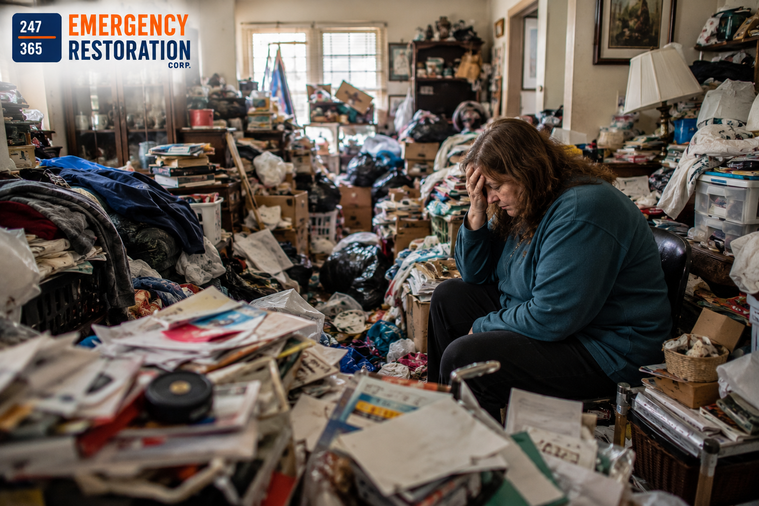 Woman sitting inside a severely cluttered home showing signs of hoarding disorder before professional hoarding cleanup services.