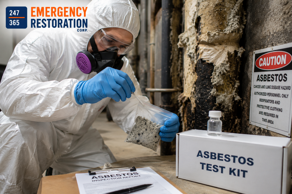 Certified asbestos inspector collecting material samples during professional asbestos testing in a residential property.