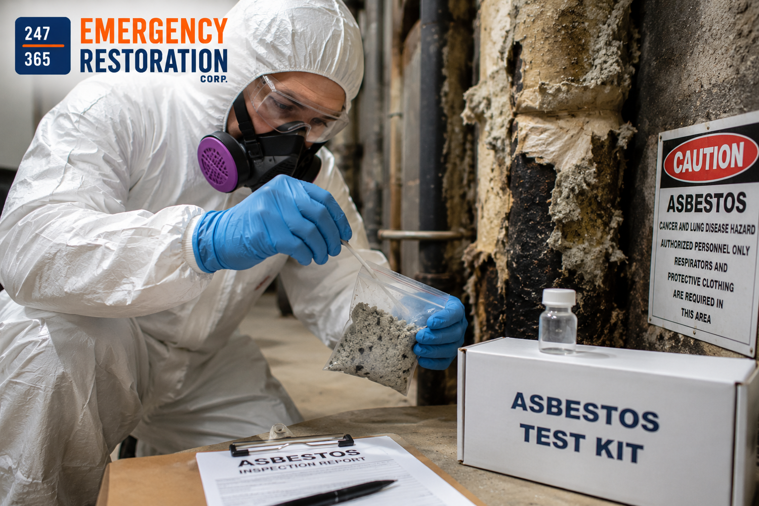 Certified asbestos inspector collecting material samples during professional asbestos testing in a residential property.