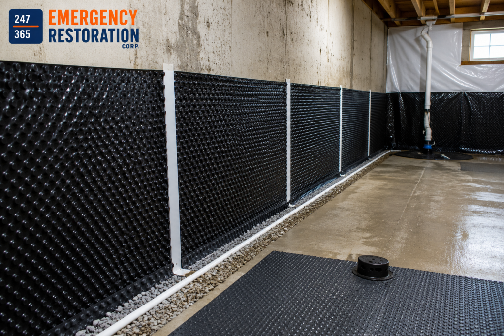 Professional basement waterproofing system with drainage membrane and sump pump installation to prevent water damage and foundation leaks.