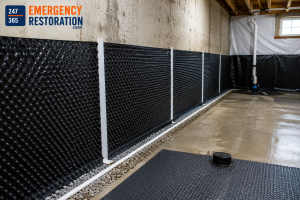Professional basement waterproofing system with drainage membrane and sump pump installation to prevent water damage and foundation leaks.