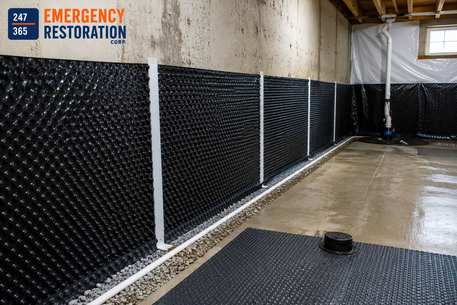 Professional basement waterproofing system with drainage membrane and sump pump installation to prevent water damage and foundation leaks.
