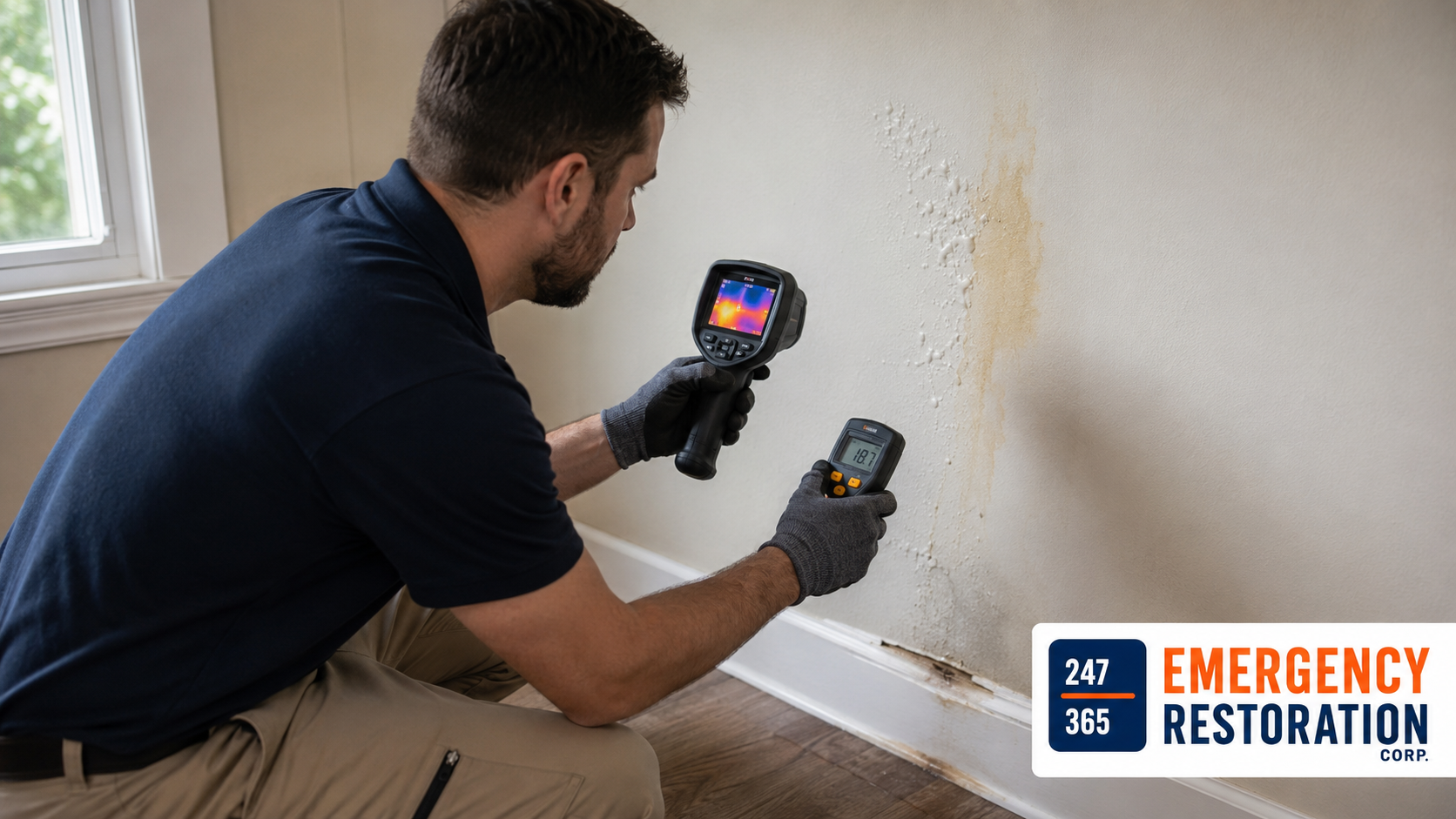 Water damage professional uses thermal imaging and moisture meters to detect a hidden leak behind a stained, bubbling wall.