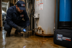 Professional technician inspecting a leaking hot water tank in a residential utility room to determine whether repair or replacement is needed.