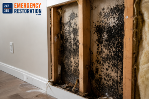 Hidden black mold growing behind a residential wall after water damage, requiring professional mold inspection and removal.