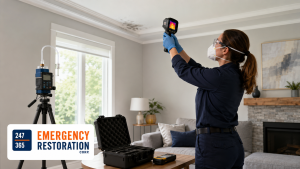 : Professional mould inspector uses a thermal imaging camera and air-sampling equipment to check a ceiling for hidden moisture and mould.