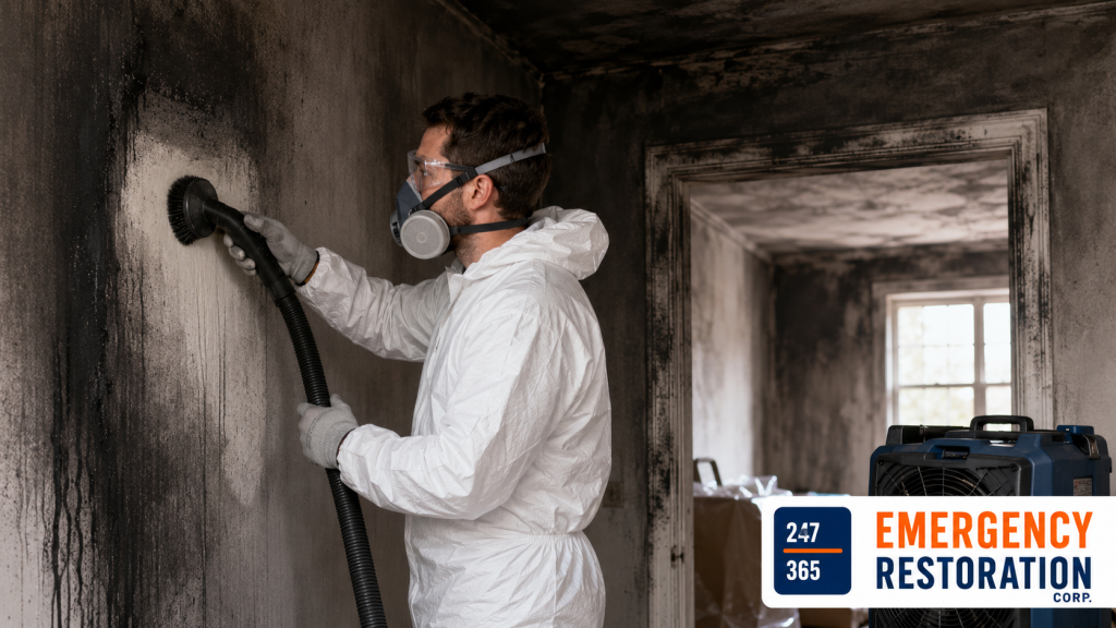 Professional restoration technician wearing protective equipment removes smoke and soot damage from the walls of a fire-damaged home