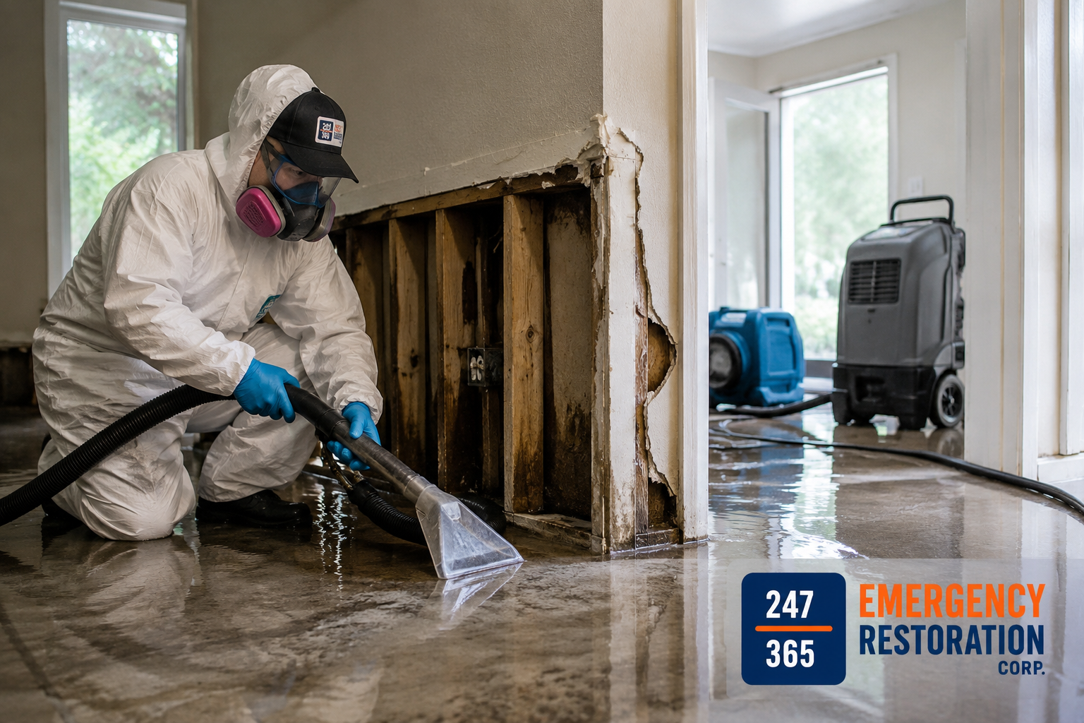 Professional restoration technician cleaning water and sewage damage caused by a septic tank backup inside a residential property.