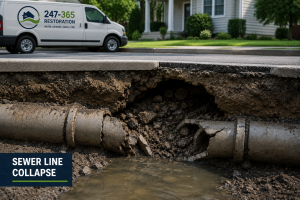 Collapsed residential sewer line beneath a suburban street showing a broken underground pipe and the need for professional sewer line replacement.
