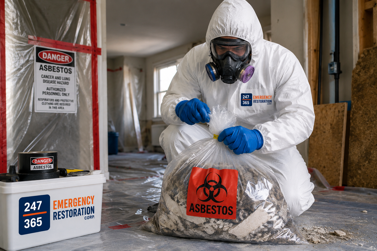 Certified asbestos removal technician safely sealing asbestos-containing materials in a hazardous waste bag inside a residential property during professional asbestos disposal.
