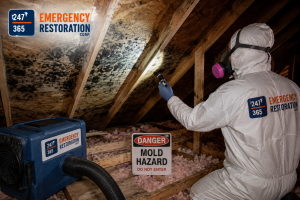 Certified technician from 247-365 Emergency Restoration Corp. inspecting mold growth in a residential attic during a professional attic mold inspection and remediation service.