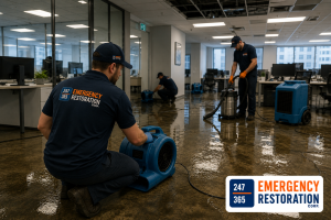 Professional technicians performing emergency commercial water damage restoration inside a flooded business property using industrial drying equipment.