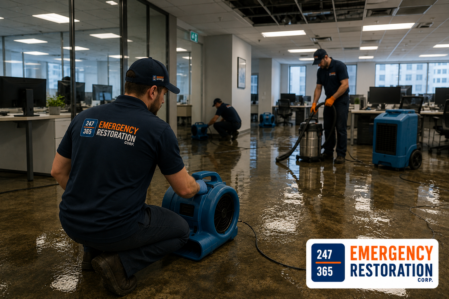 Professional technicians performing emergency commercial water damage restoration inside a flooded business property using industrial drying equipment.