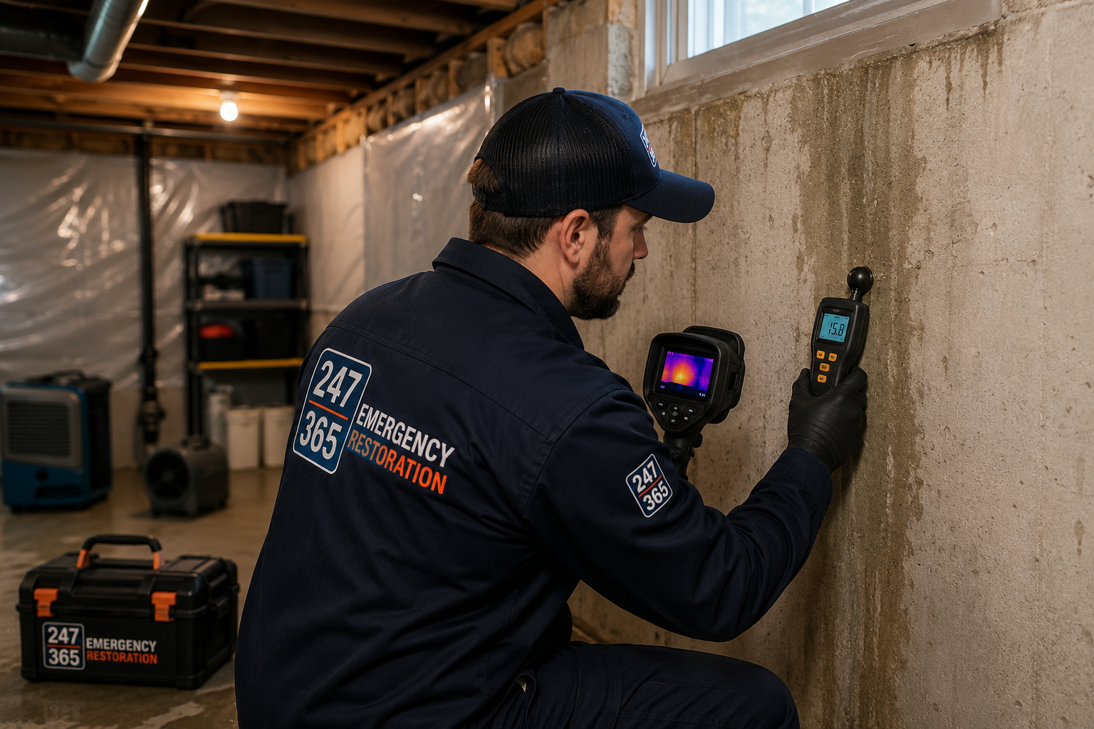 Professional restoration technician using a moisture meter and thermal imaging camera to detect hidden moisture in a residential basement before mold growth.
