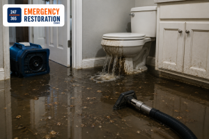 Emergency sewage backup flooding a bathroom with contaminated water, overflowing toilet, and professional cleanup equipment, with 247/365 Emergency Restoration Corp. logo.