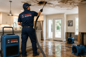 Professional restoration technician inspecting structural damage caused by a residential sewage backup while wearing protective equipment.