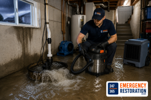 Professional flooded basement cleanup after sump pump failure using industrial water extraction and drying equipment.