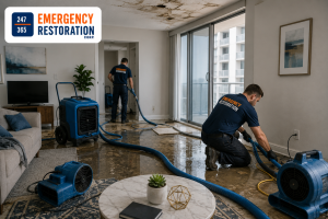 Professional water damage restoration in a condo living room, with restoration technicians using water extraction equipment, air movers, and drying hoses to remove moisture and minimize resident disruption.