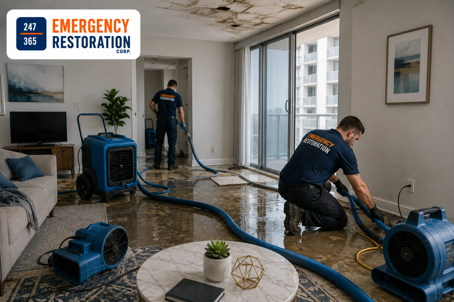 water damage Aug 21, 2026, 01_28_49 AM Professional water damage restoration in a condo living room, with restoration technicians using water extraction equipment, air movers, and drying hoses to remove moisture and minimize resident disruption.