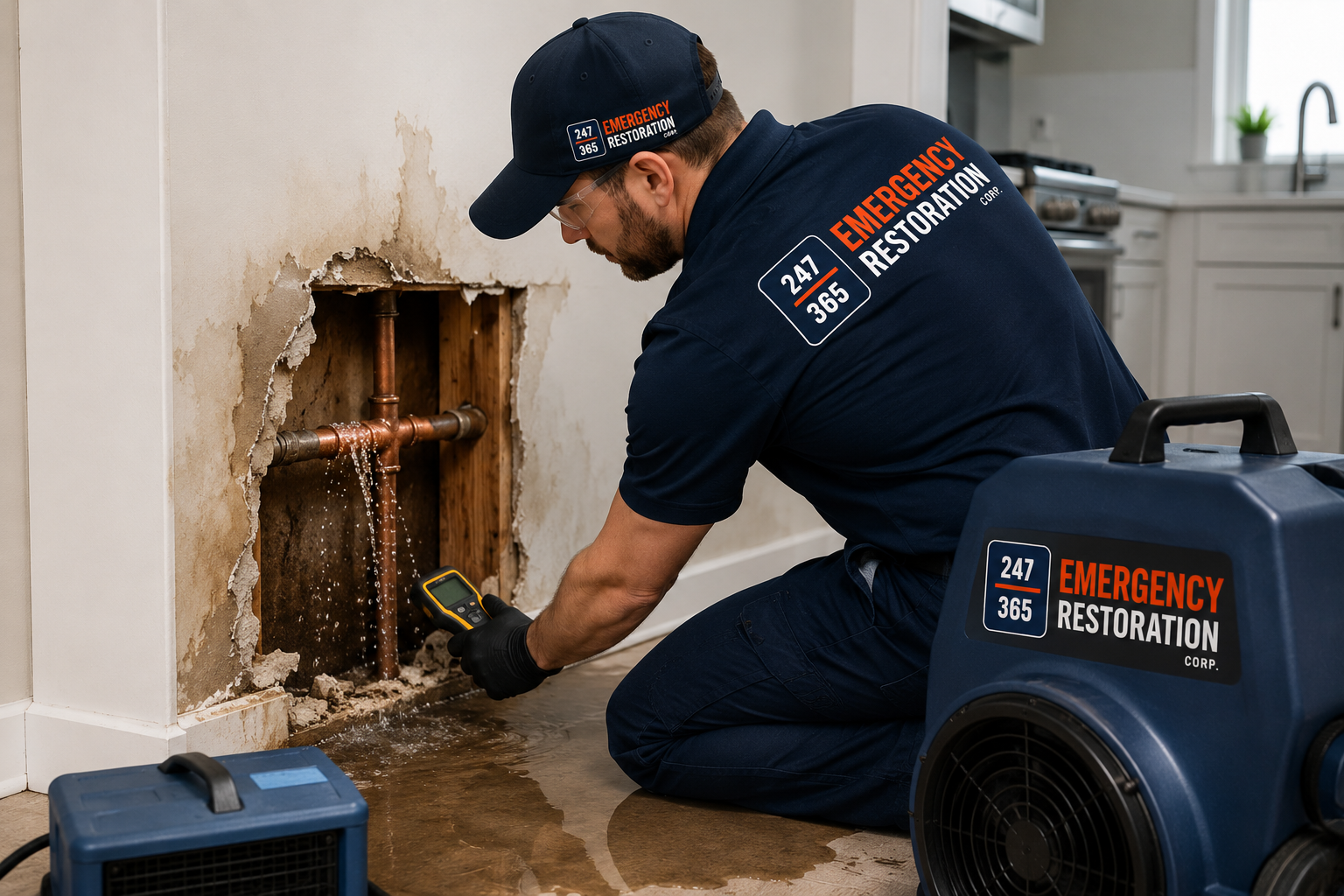 Professional technician inspecting a small water leak beneath a sink before it causes serious water damage in a residential home.