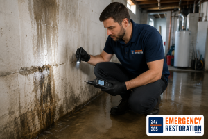 Professional inspection of water leaking into a residential basement through a cracked foundation wall.