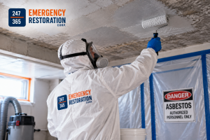 Professional emergency flood cleanup team removing standing water from a water-damaged home using commercial extraction equipment, air movers, and drying machines, with 247-365 Emergency Restoration Corp. branding.
