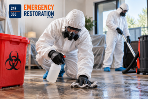 Professional biohazard cleaning team in protective hazmat suits disinfecting a property after contamination, with specialized cleaning equipment and 247-365 Emergency Restoration Corp