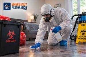 Professional biohazard cleaning technician wearing protective equipment and disinfecting a contaminated residential area, with biohazard cleanup equipment and the 247-365 Emergency Restoration Corp. logo visible.