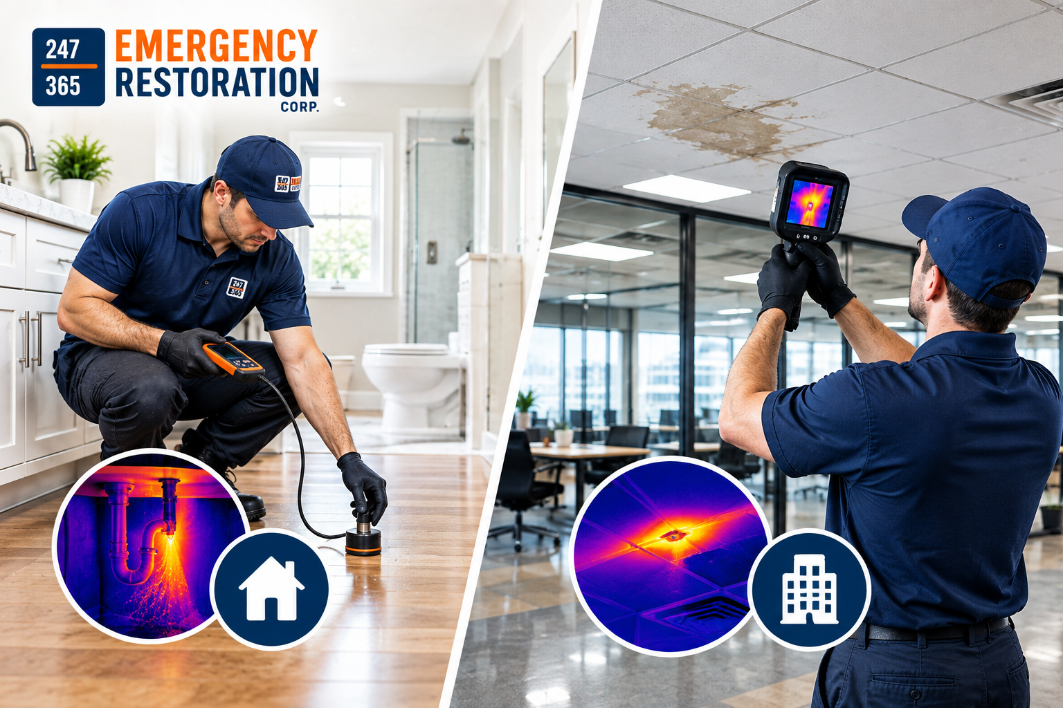 Professional technicians performing residential and commercial water leak detection using advanced inspection equipment.