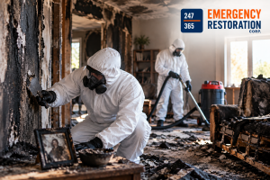 Professional fire damage restoration team cleaning a smoke- and soot-damaged property with charred walls, damaged furniture, debris, and specialized restoration equipment.