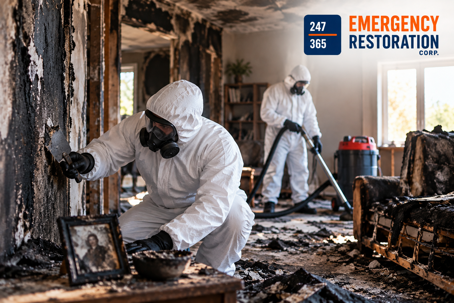 Professional fire damage restoration team cleaning a smoke- and soot-damaged property with charred walls, damaged furniture, debris, and specialized restoration equipment.
