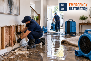 Professional emergency flood cleanup team removing standing water from a water-damaged home using commercial extraction equipment, air movers, and drying machines, with 247-365 Emergency Restoration Corp. branding.
