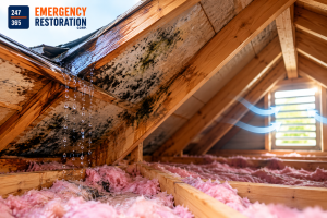 Professional technician inspecting attic mould and moisture caused by a roof leak and poor ventilation.