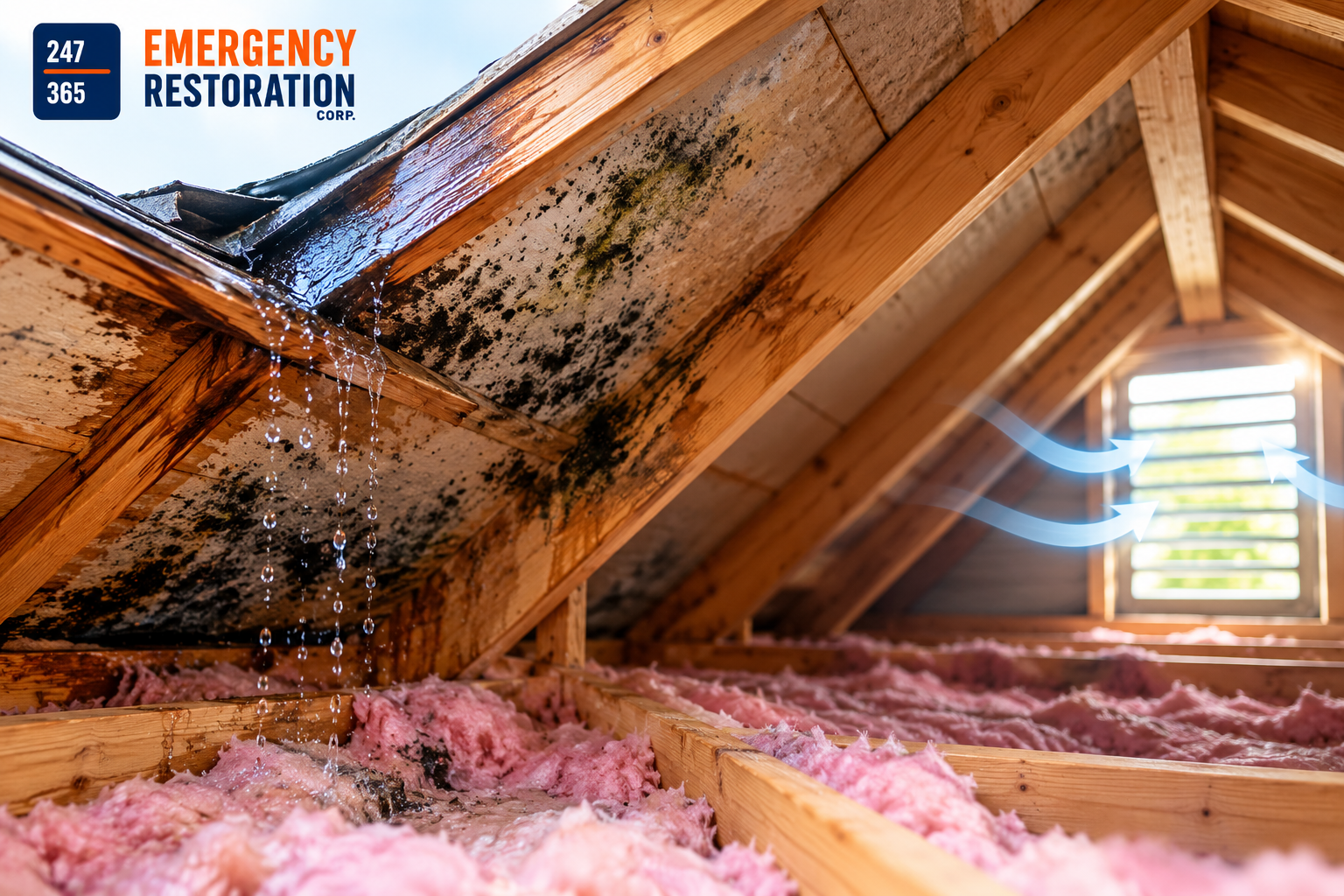 mold Sep 29, 2026, 12_50_11 AM Professional technician inspecting attic mould and moisture caused by a roof leak and poor ventilation.
