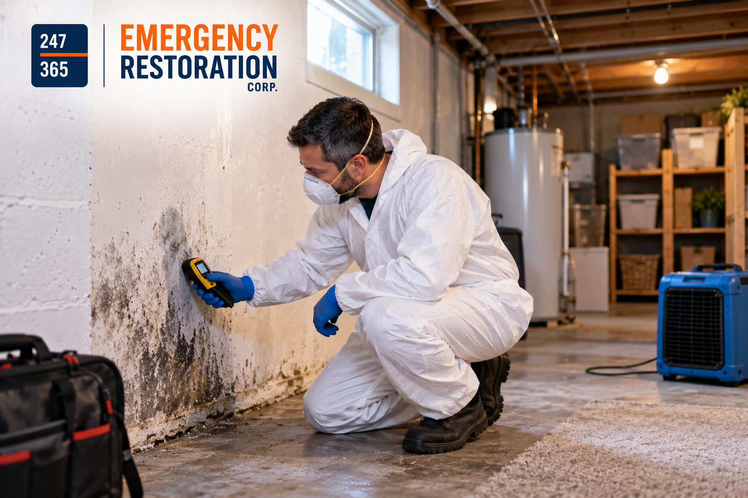 Homeowner investigating a recurring musty smell caused by basement moisture