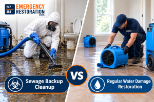 Sewage backup cleanup vs. regular water damage restoration, showing professional technicians removing contaminated water and drying a flooded home.