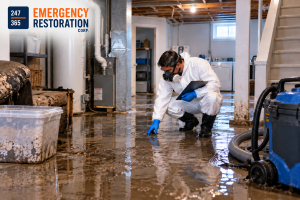 Basement sewage backup causing water damage and contamination in a home