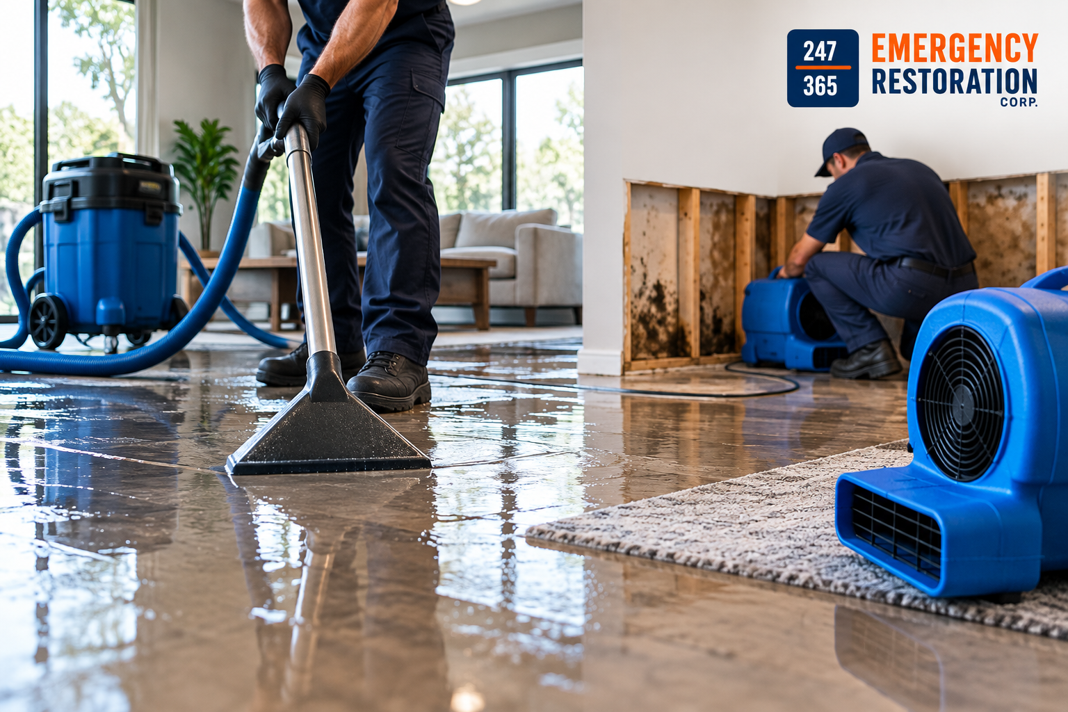 Professional water damage restoration technician extracting standing water from a flooded floor while another technician uses air movers to dry damaged walls, with the 247-365 Emergency Restoration Corp. logo visible.
