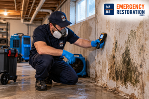 Professional restoration technician inspecting a damp basement for hidden moisture, water damage, and potential mould growth.