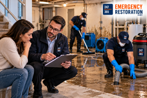 Professional restoration technicians performing basement sewage backup cleanup and removing contaminated wastewater following a basement flooding incident.