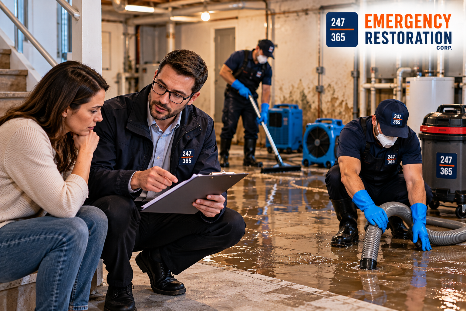 Professional restoration technicians performing basement sewage backup cleanup and removing contaminated wastewater following a basement flooding incident.
